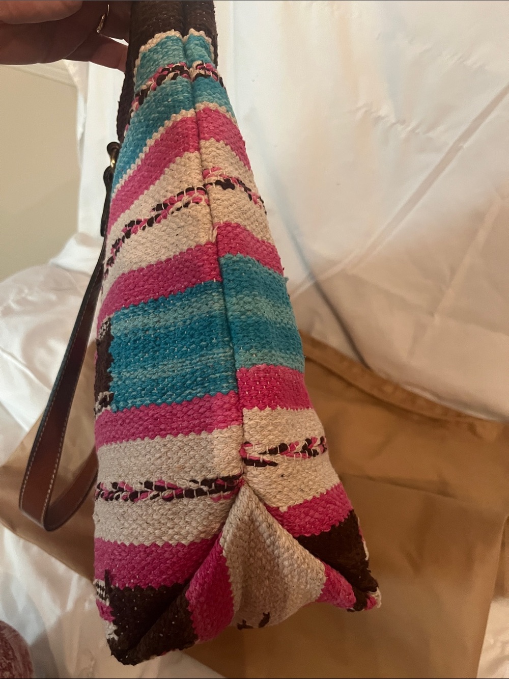 Patricia Nash Pink Turquoise Woven Stripe Tote with Brown Leather Handles - Picture 14 of 15